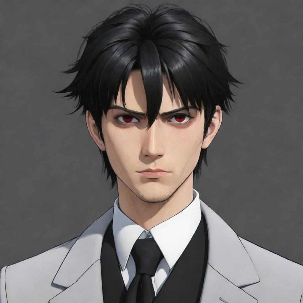 Anime-style male character with black messy hair, silver-red eyes, clothed in classic mafia attire