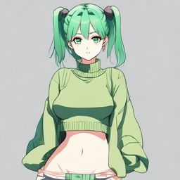 An anime-style girl with shoulder-length hair tied in a bun, green hair, and green eyes