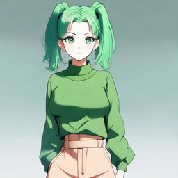 An anime-style girl with shoulder-length hair tied in a bun, green hair, and green eyes