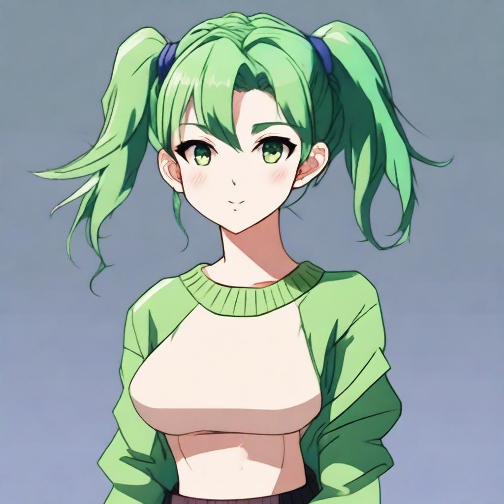 An anime-style girl with shoulder-length hair tied in a bun, green hair, and green eyes