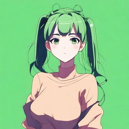 An anime-style girl with shoulder-length hair tied in a bun, green hair, and green eyes