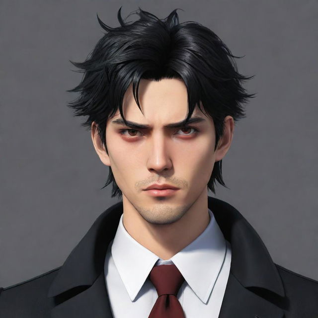 Anime-style male character with black messy hair, silver-red eyes, clothed in classic mafia attire