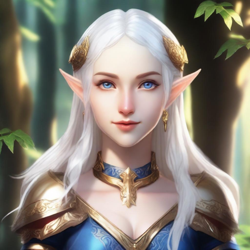 A female elf with pale skin, white hair, and blue eyes