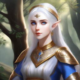 A female elf with pale skin, white hair, and blue eyes