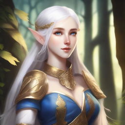 A female elf with pale skin, white hair, and blue eyes