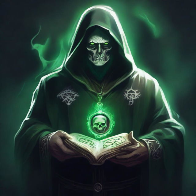 A necromancer with pale skin and deep green eyes, holding a cursed spell book in his right hand and a bloodstained holy symbol in his left