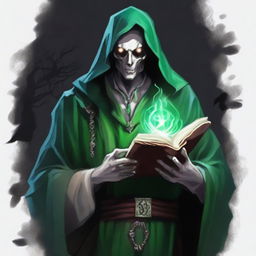 A necromancer with pale skin and deep green eyes, holding a cursed spell book in his right hand and a bloodstained holy symbol in his left