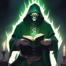 A necromancer with pale skin and deep green eyes, holding a cursed spell book in his right hand and a bloodstained holy symbol in his left