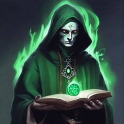 A necromancer with pale skin and deep green eyes, holding a cursed spell book in his right hand and a bloodstained holy symbol in his left