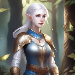 A standing female elf with pale skin, white hair, and blue eyes