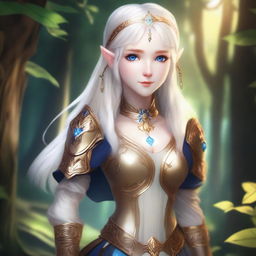 A standing female elf with pale skin, white hair, and blue eyes