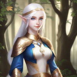 A standing female elf with pale skin, white hair, and blue eyes