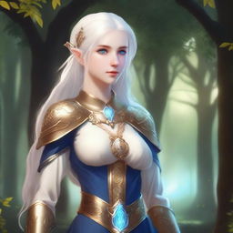 A standing female elf with pale skin, white hair, and blue eyes