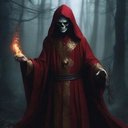 A necromancer with pale skin dressed in red and gold robes