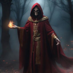 A necromancer with pale skin dressed in red and gold robes