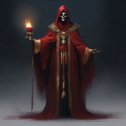 A necromancer with pale skin dressed in red and gold robes