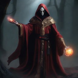 A necromancer with pale skin dressed in red and gold robes