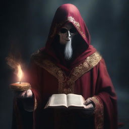 A necromancer with pale skin dressed in red and gold robes, holding a cursed spell book