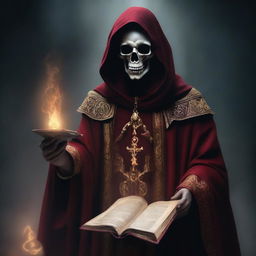 A necromancer with pale skin dressed in red and gold robes, holding a cursed spell book