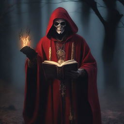 A necromancer with pale skin dressed in red and gold robes, holding a cursed spell book