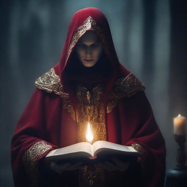 A necromancer with pale skin dressed in red and gold robes, holding a cursed spell book