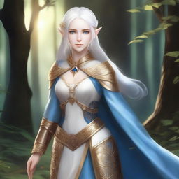 A full-body image of a female elf with pale skin, white hair, and blue eyes