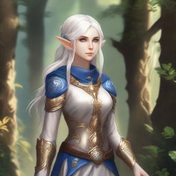 A full-body image of a female elf with pale skin, white hair, and blue eyes