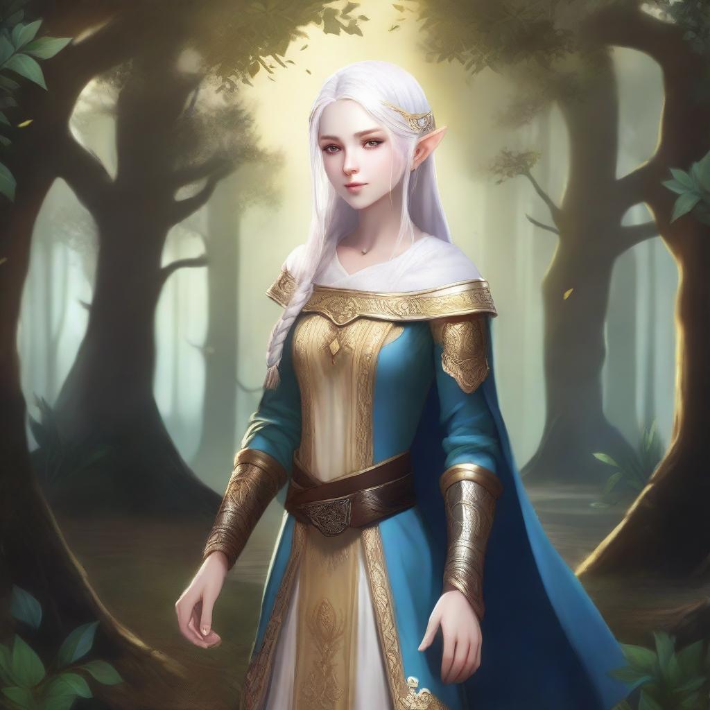 A full-body image of a female elf with pale skin, white hair, and blue eyes