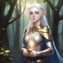 A full-body image of a female elf with pale skin, white hair, and blue eyes