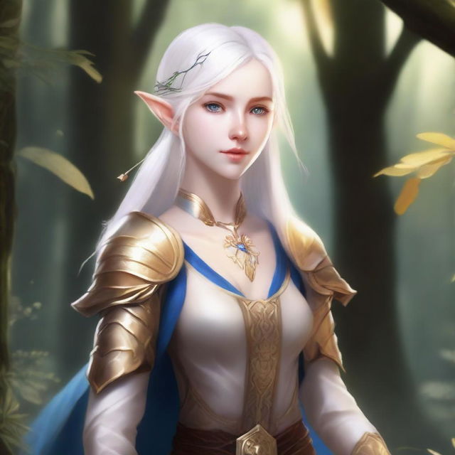 A female elf with pale skin, white hair, and blue eyes