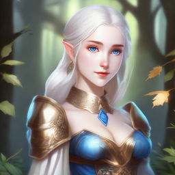 A female elf with pale skin, white hair, and blue eyes