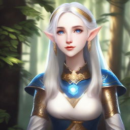 A female elf with pale skin, white hair, and blue eyes