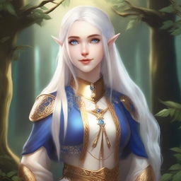 A female elf with pale skin, white hair, and blue eyes