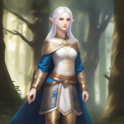 A full-body image of a standing female elf with pale skin, white hair, and blue eyes