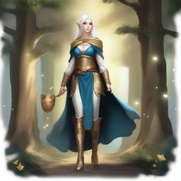 A full-body image of a standing female elf with pale skin, white hair, and blue eyes