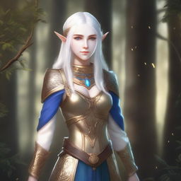 A full-body image of a standing female elf with pale skin, white hair, and blue eyes