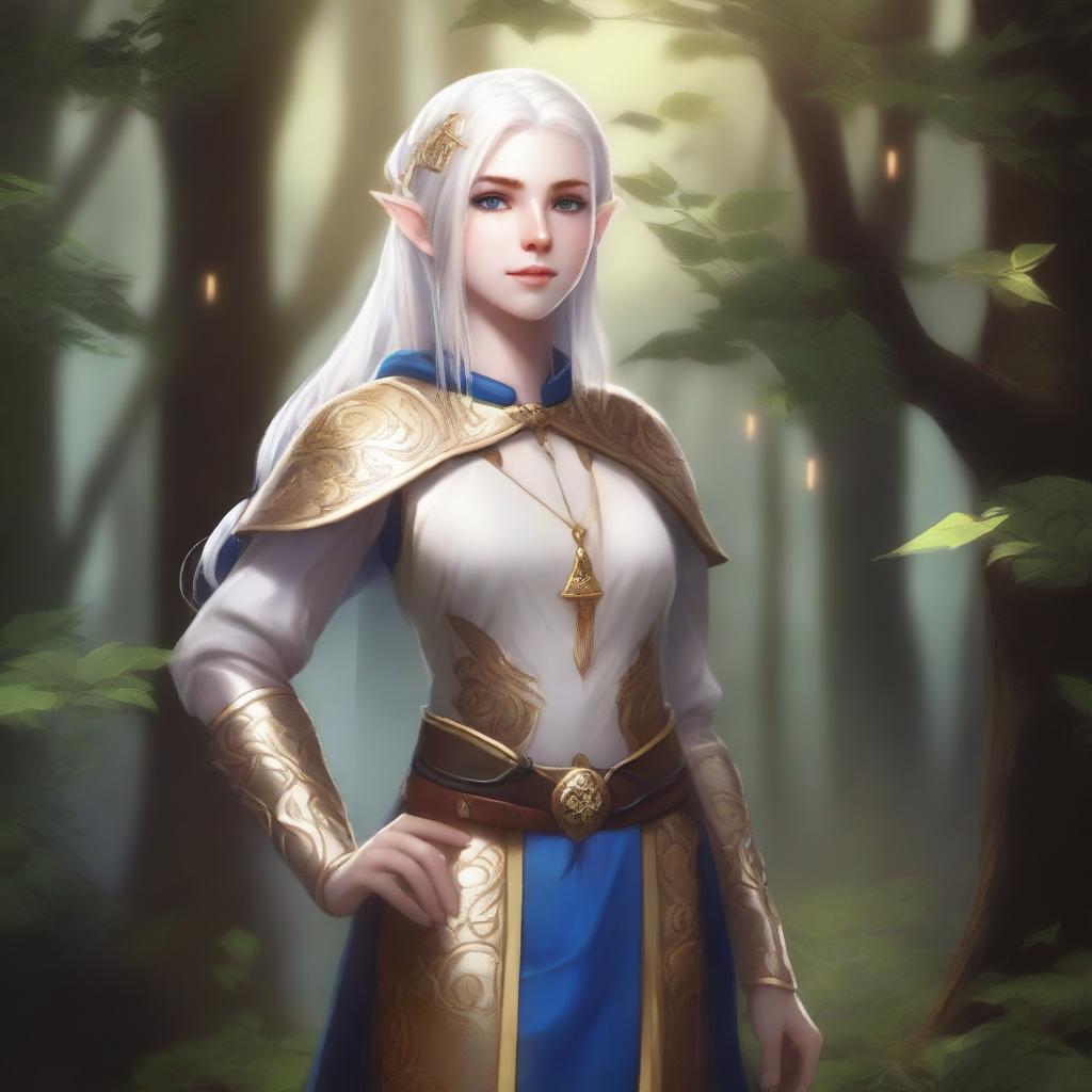 A full-body image of a standing female elf with pale skin, white hair, and blue eyes