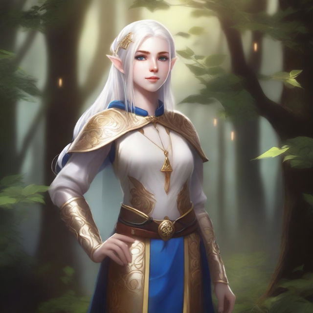 A full-body image of a standing female elf with pale skin, white hair, and blue eyes