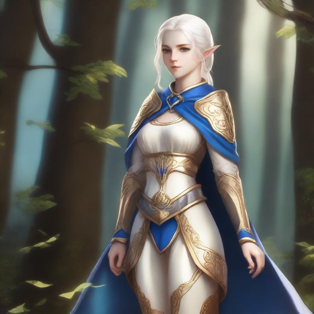 A full-body image of a standing female elf with pale skin, white hair, and blue eyes