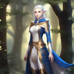 A full-body image of a standing female elf with pale skin, white hair, and blue eyes