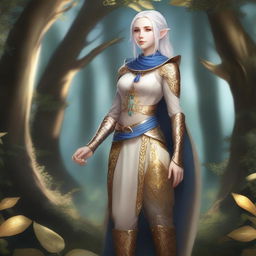 A full-body image of a standing female elf with pale skin, white hair, and blue eyes