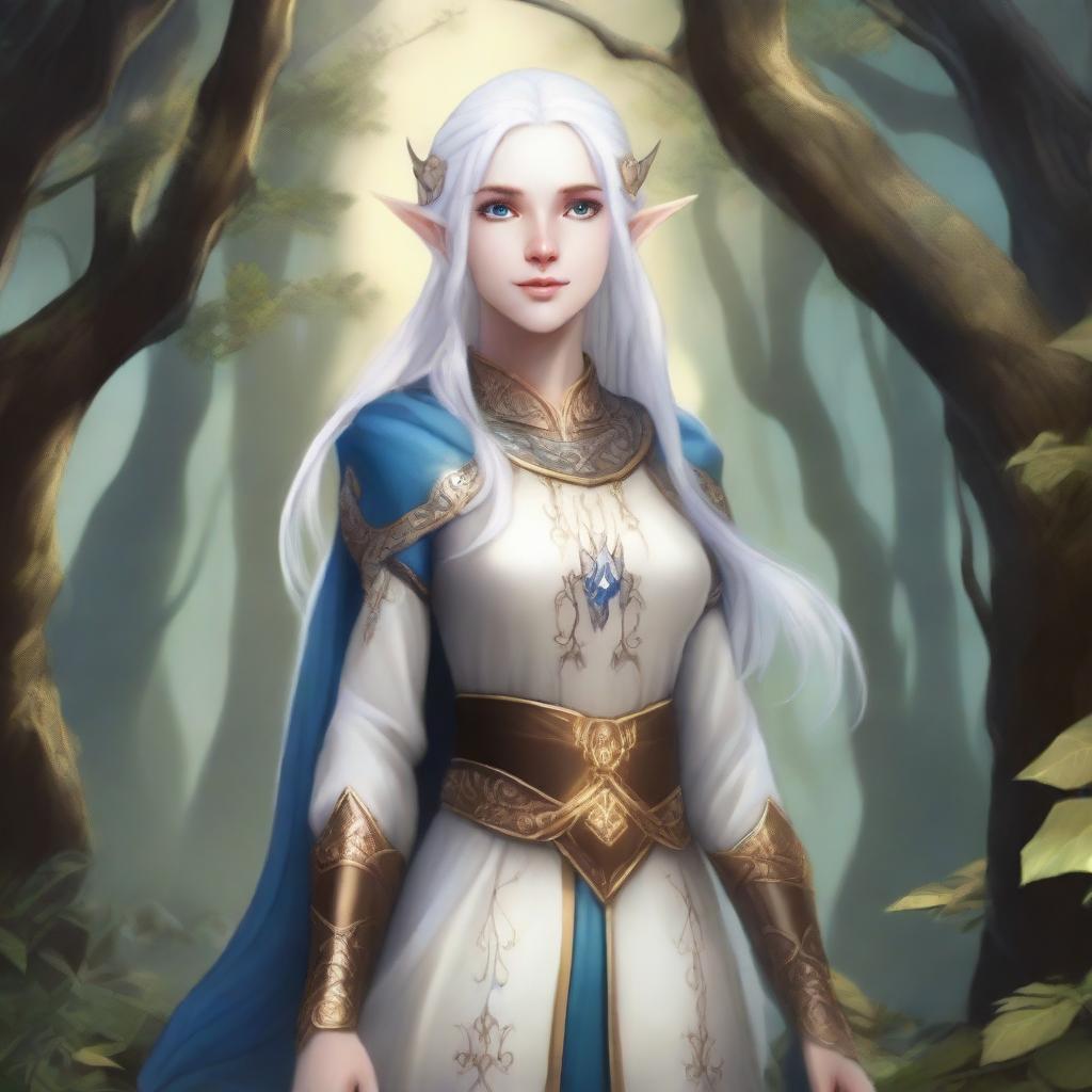 A full-body image of a standing female elf with pale skin, white hair, and blue eyes