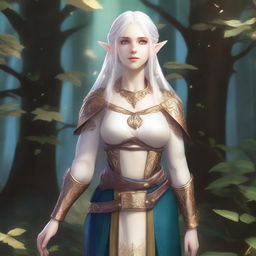 A full-body image of a standing female elf with pale skin, white hair, and blue eyes