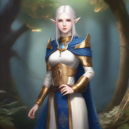 A full-body image of a standing female elf with pale skin, white hair, and blue eyes