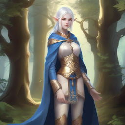 A full-body image of a standing female elf with pale skin, white hair, and blue eyes