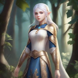 A full-body image of a standing female elf with pale skin, white hair, and blue eyes