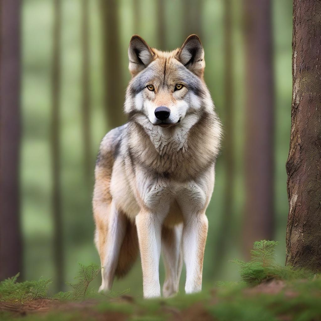 A raw photograph of a majestic wolf standing in a natural forest setting