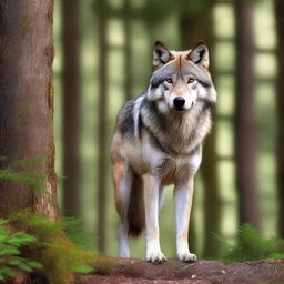 A raw photograph of a majestic wolf standing in a natural forest setting