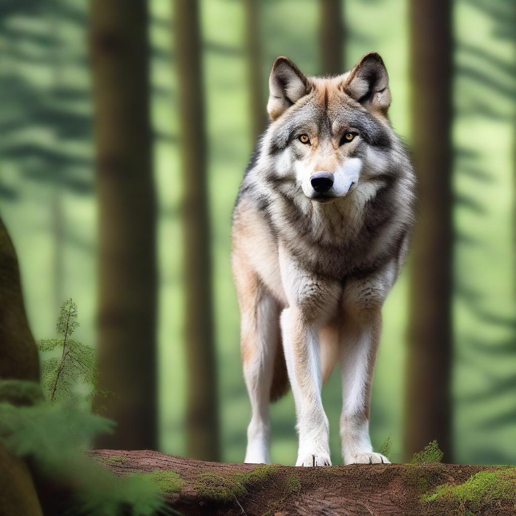 A raw photograph of a majestic wolf standing in a natural forest setting