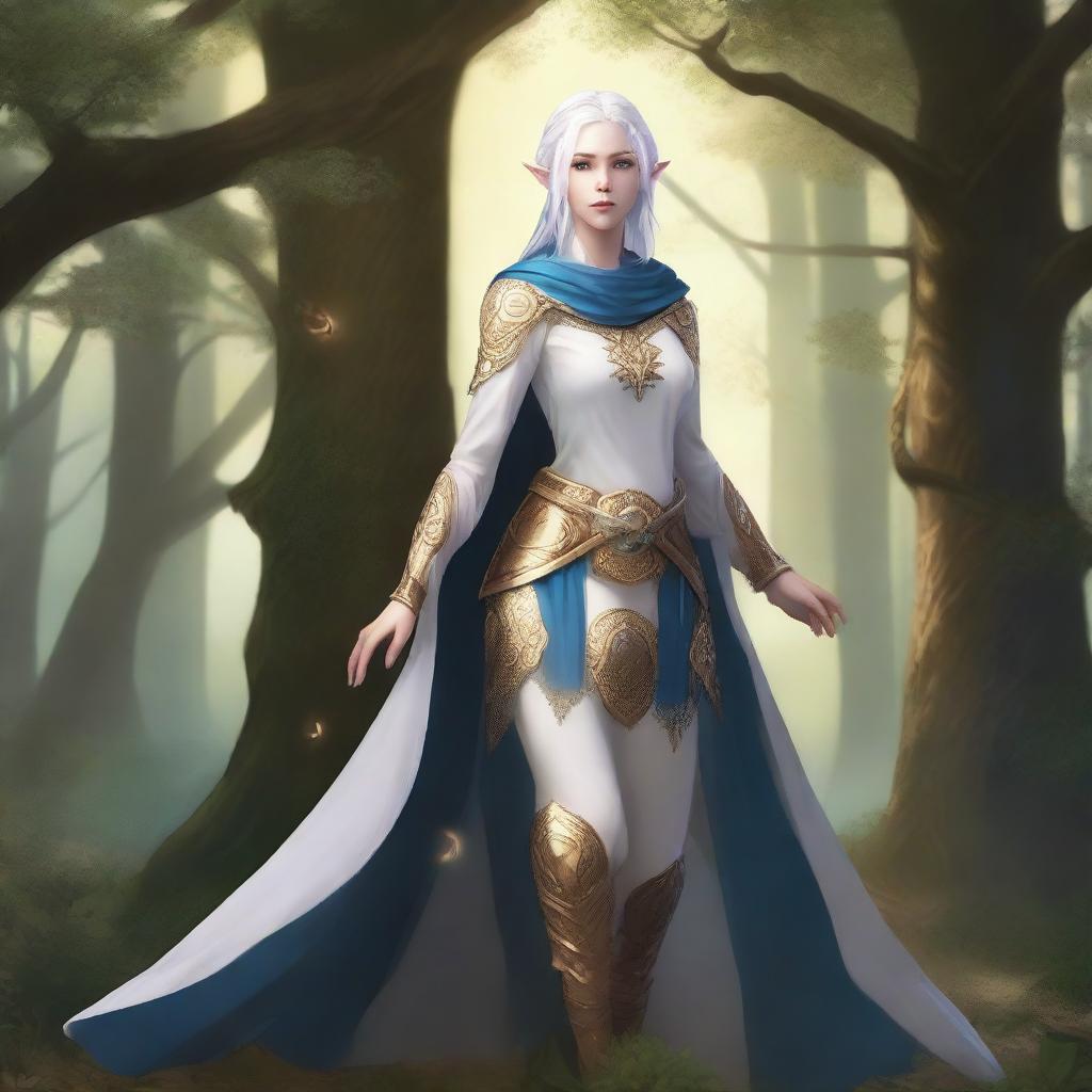 A full-body image of a standing female elf with pale skin, white hair, and blue eyes